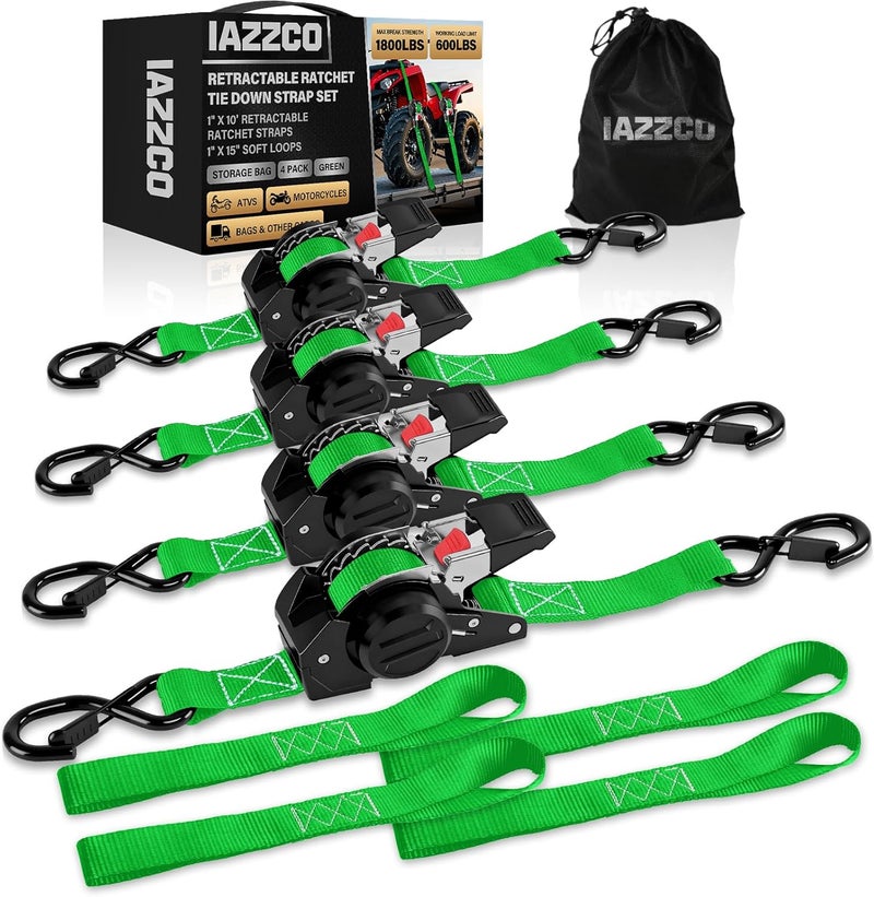 IAZZCO أحزمة ربط قابلة للسحب - 1 بوصة × 10 أقدام (1800 رطل قوة كسر) أحزمة ربط ثقيلة ذاتية السحب، للشاحنات/ATV/الدراجات النارية/البضائع/الأغراض المنزلية (أخضر/4 عبوات) - Image 1